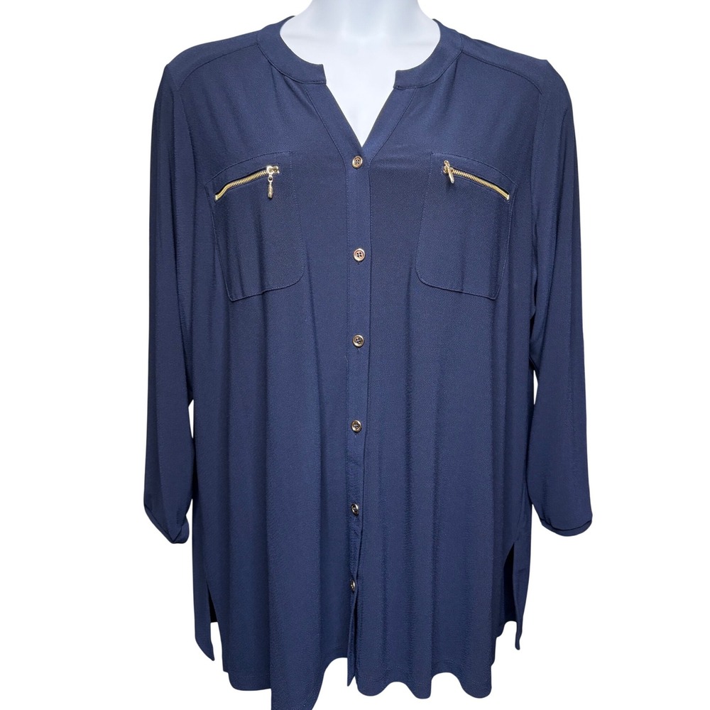 SUSAN GRAVER Womens Navy Blue Liquid Knit Button Down Tunic Top 2X Office Modest